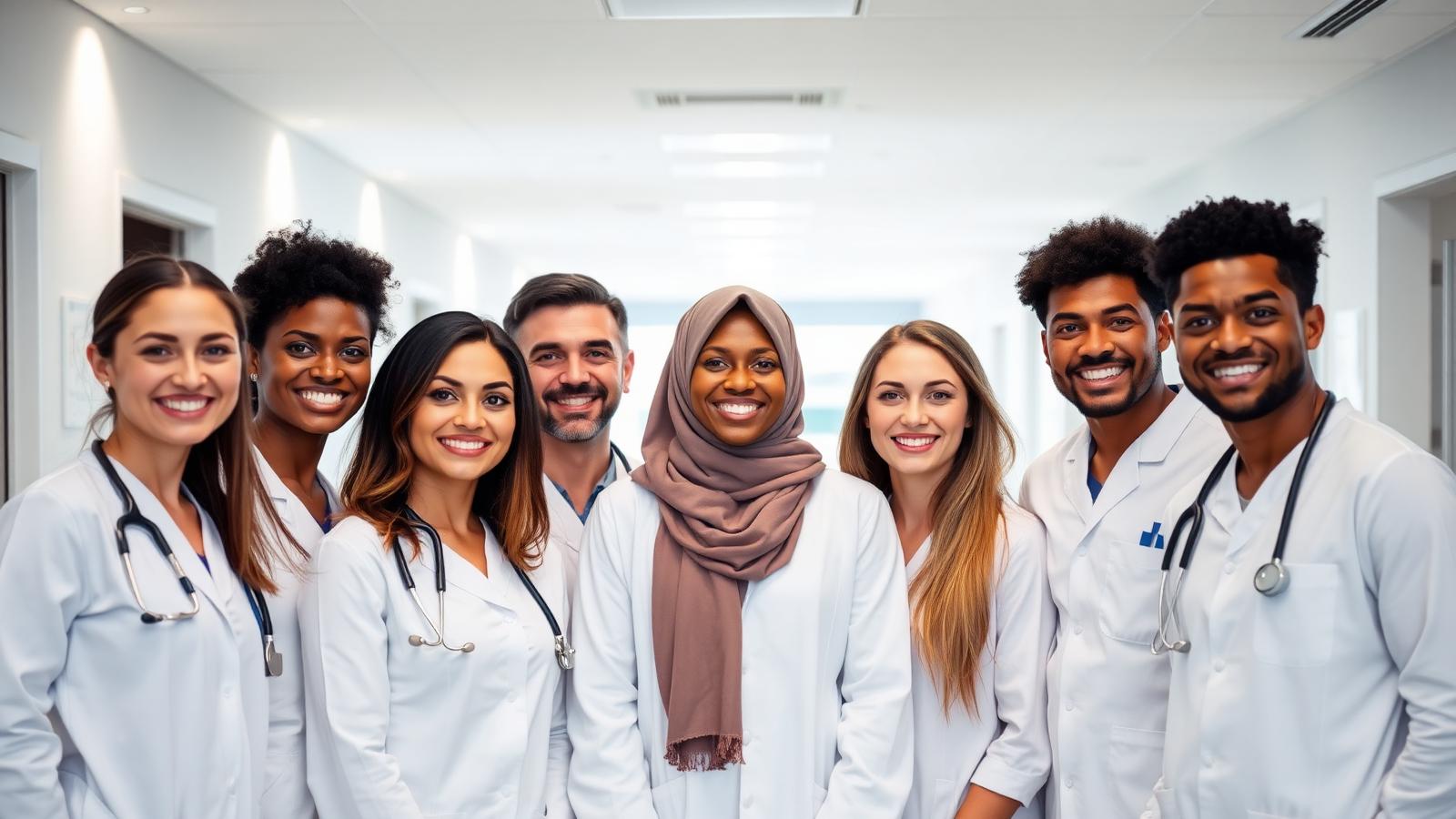 Equipe médica sorridente pronta para atender